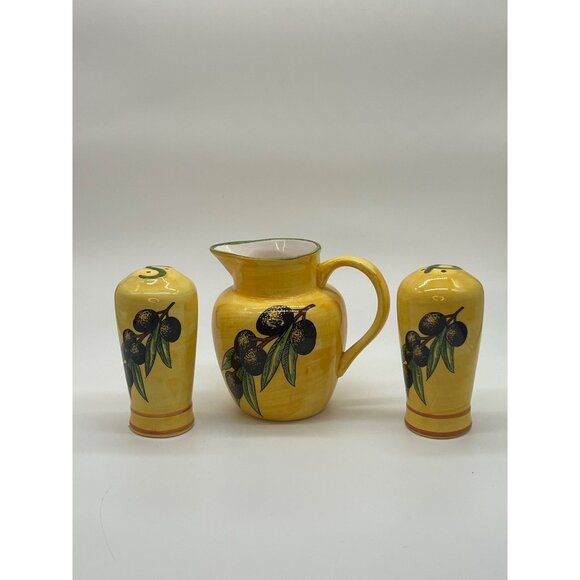 Small Ceramic Yellow Pitcher w/Olive Branches and Salt & Pepper Shakers, Unused - Picture 3 of 4